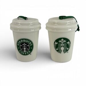 Starbucks Holiday 2016 Ceramic Coffee Cup Ornaments Set of 2 White Green Logo